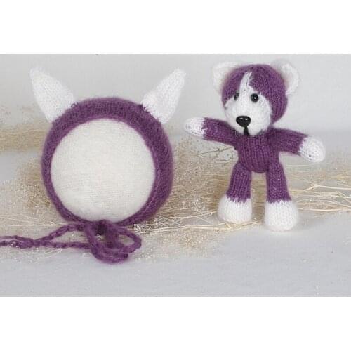 Baby Gift Newborn Animal Hat and Stuffed Toy Set Amigurumi Kitted Toy Handmade Wolf Doll Baby Wolf Bonnet Newborn Photo Props
