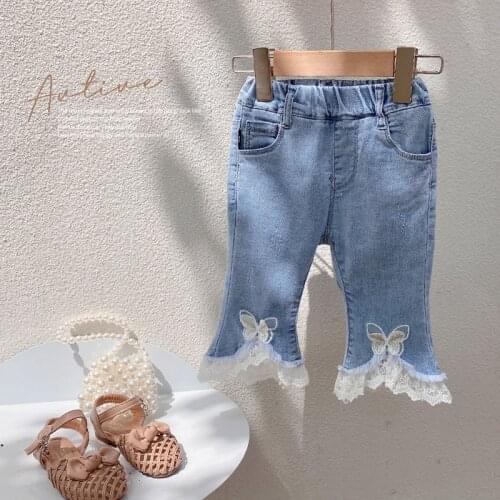 Girls Jeans Spring Cotton Denim Lace Patchwork leg Jeans beading Pattern Children Trousers Pencil Girls Leggings 2-8Y Kids Pant