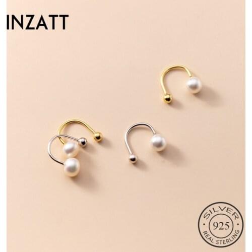 INZATT Real 925 Sterling Silver Geometric Bead Round Pearl Stud Earrings For Fashion Women Fine Jewelry Punk Accessories