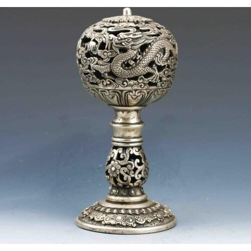 Chinese Old Tibet Silver Copper Hand-Carved Dragon Incense Burner Censer Statue