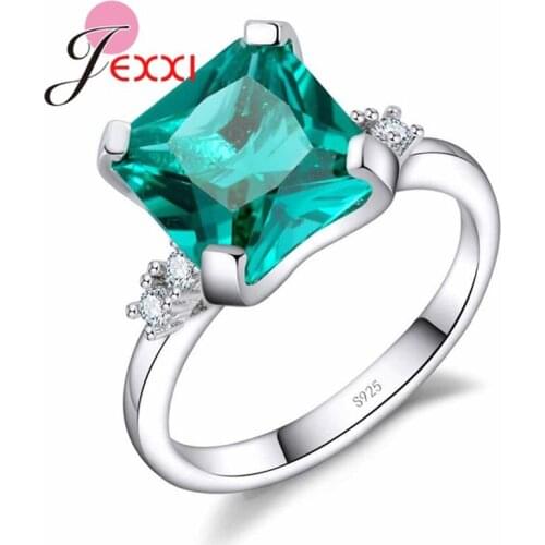Luxurious Elegant Refined 925 Sterling Silver Green Square AAA Austrian Cubic Zirconia Ring For Women Wedding Jewelry