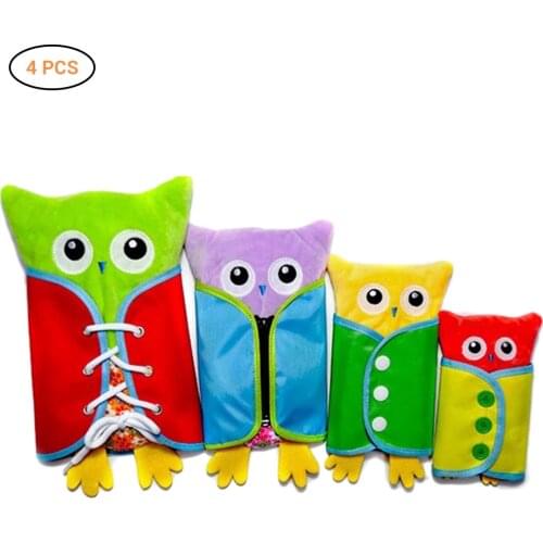 4PCS Baby Montessori Learn to Dress Plush Owls Boards Doll Early Learning Basic Life Skill Toys-Zip, Snap, Button, Lace & Tie