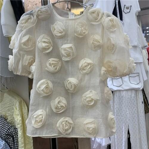 Summer Blouses Womens Clothing New Three-Dimensional Rose Flower Chiffon Shirt Solid Color Loose Micro Transparent Blusas Tops