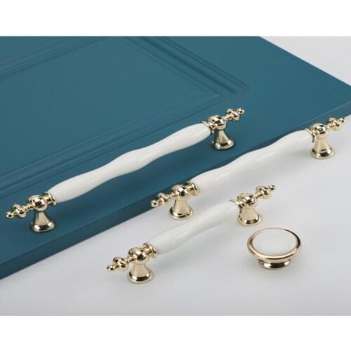 Fashion Ceramic Cabinet Handles Golden Kitchen Cupboard Door Handles Drawer Knobs European White Furniture Pulls