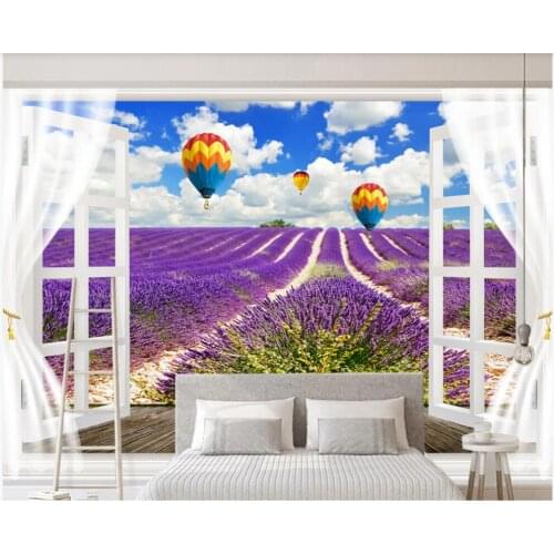 Custom mural 3d wall mural on the wall Window lavender hot air balloon blue sky white clouds photo wallpaper in the living room