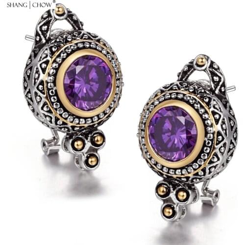 New vintage Classic Jewelry Round Shape Purple Quartz stone 925 Sterling Silver Earrings E0419
