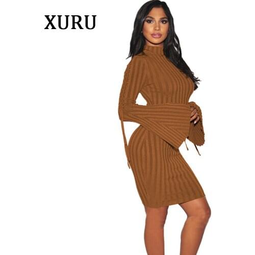 XURU Autumn Women Long Sleeve Dress Pit Fabric Lace Up Flare Sleeve Bodycon Dresses Womens Casual Party Mini Dress High Stretchy