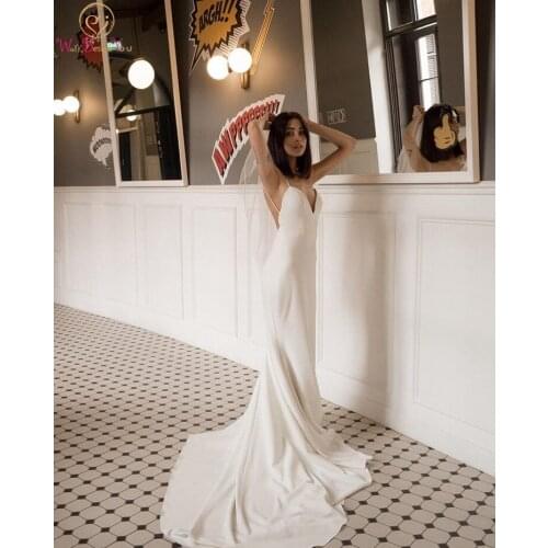 Simple Ivory Boho Mermaid Wedding Dresses Deep V Neck Sleeveless Bridal Gown Backless Spaghetti Straps Satin robe de mariee 2019