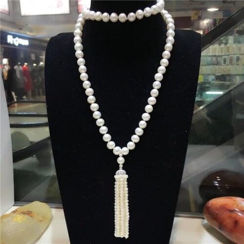 Hand knotted 9-10mm white natural freshwater pearl tassel long sweater chain necklace fashion jewelry