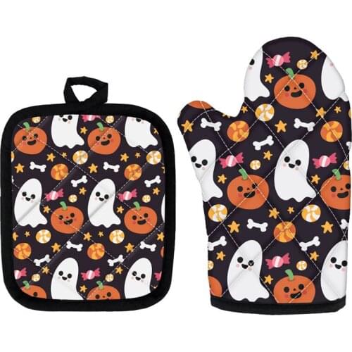 Microwave Oven Mitts and Pad 2pcs/set Cartoon Halloween Ghost Candy Printed Kitchen Cooking Oven Gloves Home Baking Mats Pads
