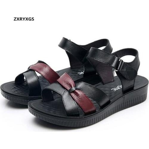 2020 New Spell Colors Summer Open Shoes Mother Sandals Genuine Leather Sandals Non-slip Flat Sandals Women Shoes Casual Sandals