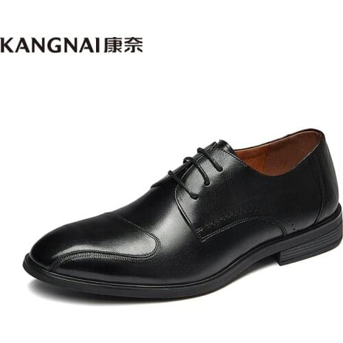 KANGNAI Men Shoes Genuine Leather Pointed Toe Formal Business Suit Shoes Lace-Up Office Dress Shoes Black Derby Shoes for Mens