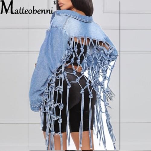 Womens Autumn 2021 New Fit Crop Tops Back Grid Tassel Design Long Sleeve Jean Coat Ladies Casual Street Plus Size Denim Jacket