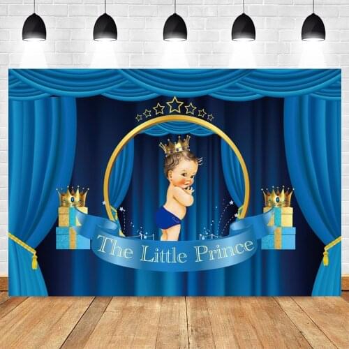 Blue Curtain Golden Crown Newborn Baby Shower Boy Birthday Party Custom Vinyl Backdrop Photography Background For Photo Studio
