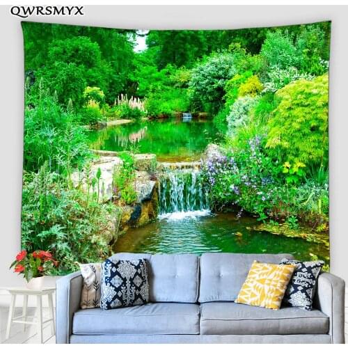 Green Forest Small Waterfall Garden Landscape Tapestry Scenery Wall Hanging Home Bedroom Decor Wall Tapestries Art Adornment