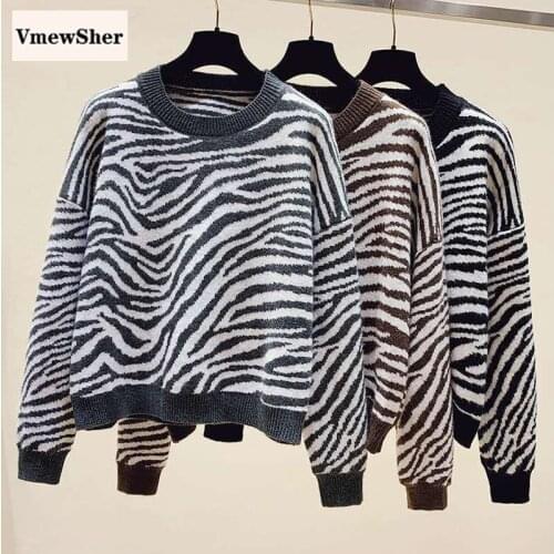 VmewSher New Chic Zebra Stripe Print Women Sweater 2020 Winter Fashion Ladies Jumper O-Neck Female Loose Pullovers Knit Tops