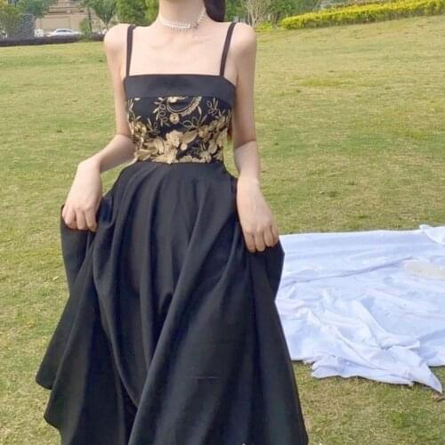 2021 Summer Elegant Black Strap Dress Female French Vintage A-line Corset Dress Women Sexy Irregular Ladies Party Long Dresses