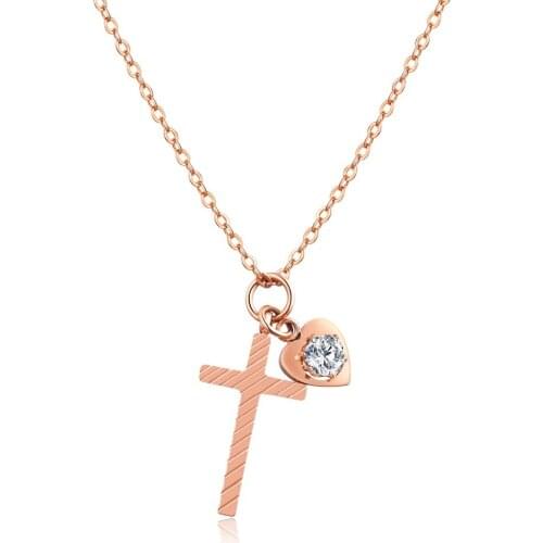FATE LOVE brand Women Necklace & Heart Cross pendants Fashion Jewelry for Girl stainless steel chain Rose gold color new 2017