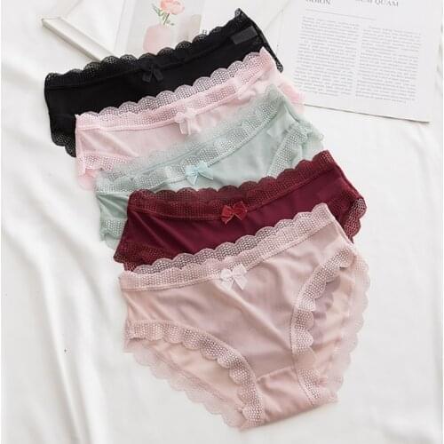 1PC Sexy Solid Color Lace Gauze Bowknot Trim Briefs Fashion Comfortable Breathable Mid Rise Seamless Panties For Women