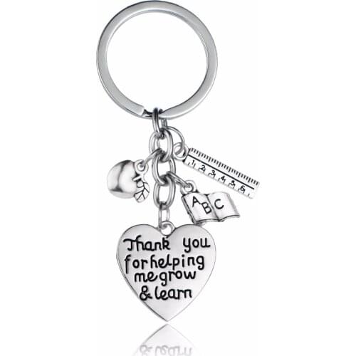 12PC/Lot Thank You For Helping Me Grow & Learn Keychain Apple Ruler ABC Book Heart Charms Keyrings For Teachers Key Chains Gifts
