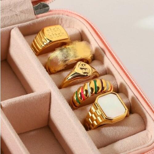 18K Gold Plated Stainless Steel Colorful Croissant Rings For Women Shell Dollar Symbol Chunky Dome Finger Rings Jewelry