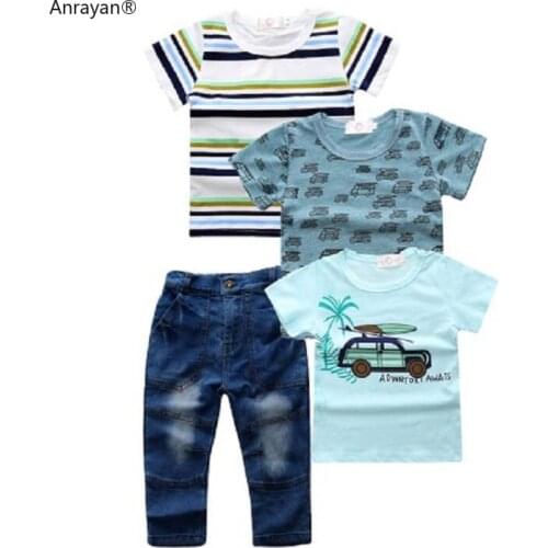 2020 Kids Boys Summer Clothes Cartoon Children Clothing Sets Boy Girl Short Sleeve 3pcs T Shirts + Jeans Denim Shorts Suit Set