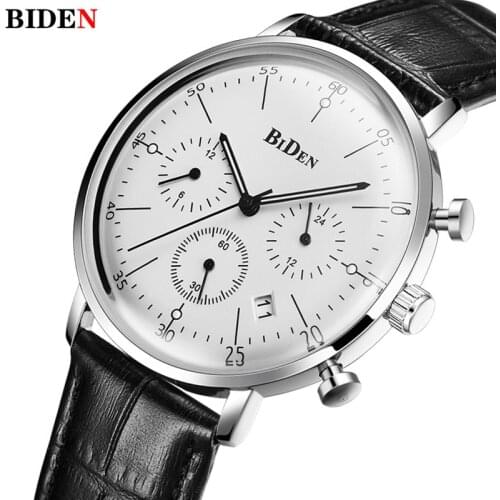 BIDEN Watch Men Ultra Thin Quartz Mens Watches Genuine Leather Band Chronograph Waterproof Calendar Clocks Gift montre homme