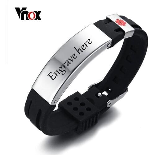 Vnox Free Personalized Engraving 15mm Medical Alert ID Bracelet for Men Women Silicone Stainless Steel Watch Band Adjustable