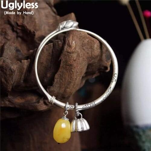 Uglyless Adjustable Push-pull Silver Bangles for Women Thai Silver 925 Silver Lotus Ethnic Bangles Natural Amber Beeswax Charms