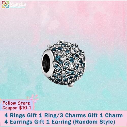 Smuxin S925 Sterling Silver Beads Green Pave Daisy Flower Charms fit Original Pandora Bracelets Women DIY Jewelry Making