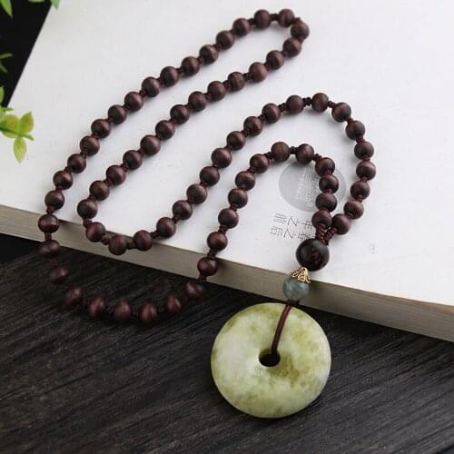 National Style Retro Long Wooden Bead Sweater Chain Natural Safety Buckle Pendant Necklace for Men and Women
