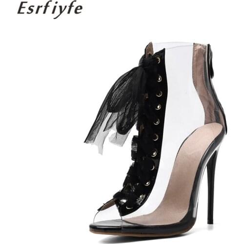 ESRFIYFE 2020 New Fashion Women Ankle Boots PVC Transparent Shoes Woman Thin High Heel Open Toe Cool Boots Sexy Lace Up Shoes