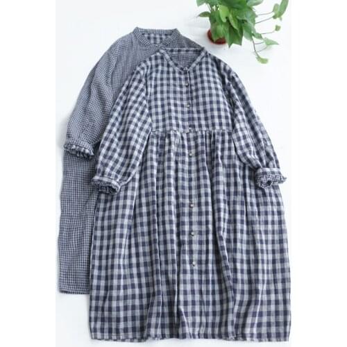 Cotton double-layer yarn A-line stand collar dress Loose forest long-sleeved womens dress literary Japanese autumn style