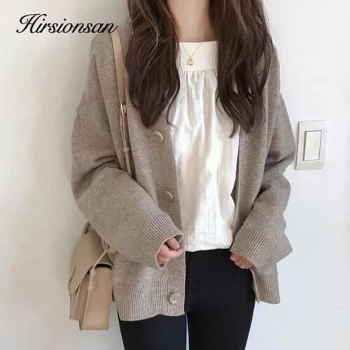 Hirsionsan Soft Knitted Cardigan Women 2020 Autumn Winter Korean V Neck Khaki Sweater for Girls Chic Oversized Ladies Clothes