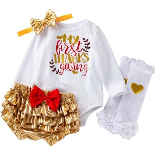 4Pcs Baby Girl Thanksgiving Outfits Clothes 1st Halloween Costume Cotton Golden Ruffles Romper Shorts Toddler Party Clothing Set