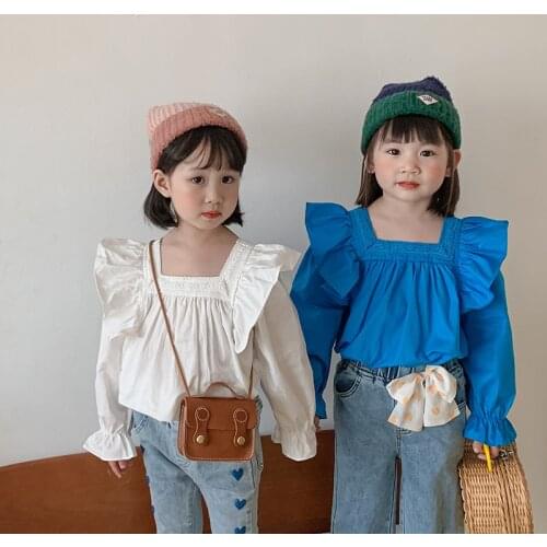 2021 autumn new square collar lace fly sleeve girls' shirt long sleeve cotton Korean childrens shirt lolita blouse