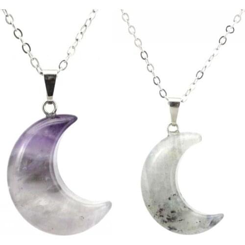 Natural Stone Crescent Moon Necklace Healing Crystal Quartz Reiki Labradorite Earrings Pendant Chain Necklace For Women Girls