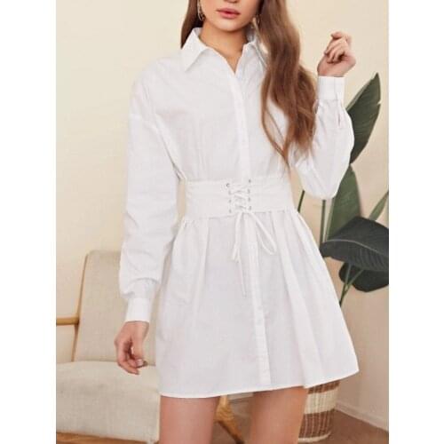 Summer Sweet Preppy Style Shirt Dress Turn Down Collar With Girdle Lace Up Slim White Lady Dress Raglan Sleeve Long Sleeve Dress