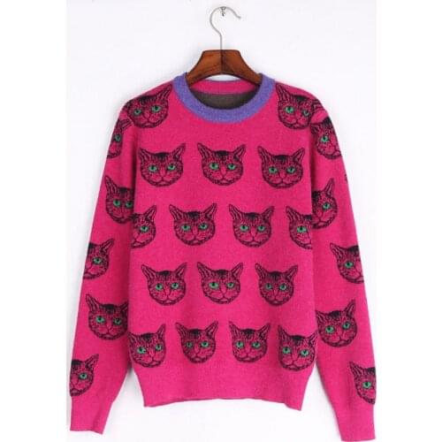 SAYTHEN 2021 New Designer Cat Print Knitted Sweaters Cute Pullovers Women Autumn Winter Long Sleeve Sweet Jumper