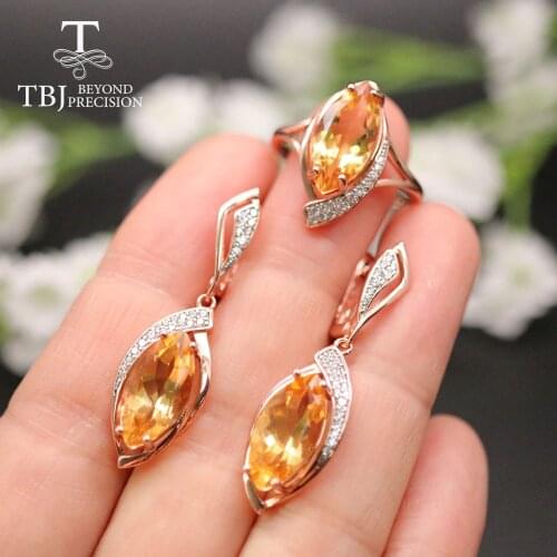 TBJ, natural 11ct brazil citrine jewelry set ring earring mq 8*16mm real gemstone fine jewelry fashion design for women gift