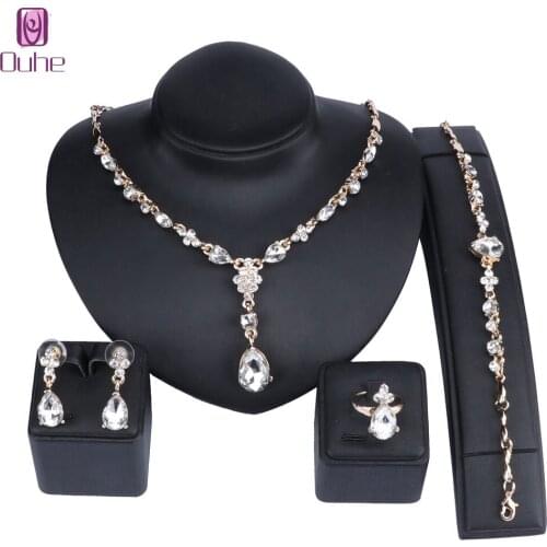 Women Party Bridal Fine Gem Crystal African Beads Jewelry Sets For Wedding Party Dinner Dress Necklace Earring Bangle Ring Sets