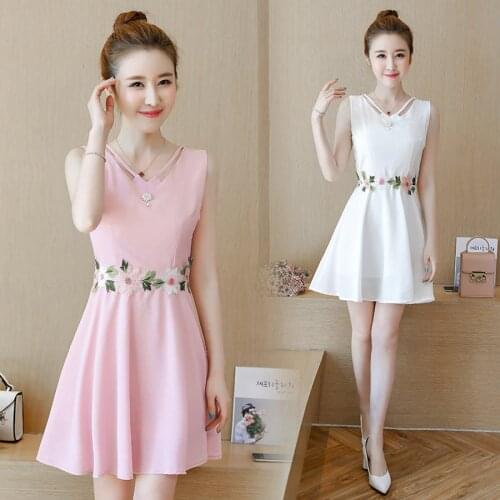 2021 Korean Vintage Pink Boho Sundress Summer Plus Size Floral Chiffon Beach Mini Dress Elegant Women Party Sleeveless Vestidos