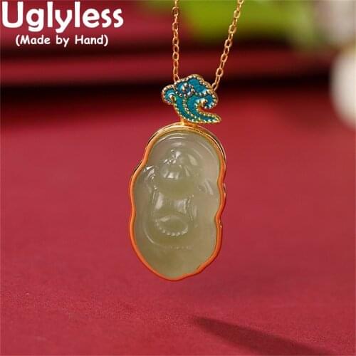 Uglyless Nature Jade Maitreya Buddha Buddhism Jewelry for Women Enamel Lucky Cloud Pendants 925 Silver Gems Necklace NO Chain