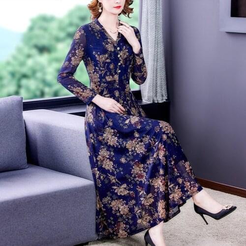 Female Floral Mesh Long Sleeve Maxi Dress Autumn Winter Korean Vintage Bodycon Casual Robe 2021 New Elegant Office Lady Dresses