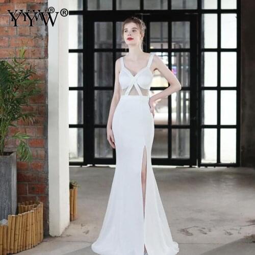 Sexy See Through High Slit Long Evening Dresses Women Luxury Black White Mermaid Vestidos Night Party Gowns Dress Robe De Soiree