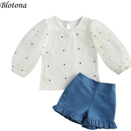 Blotona Toddler Baby Polka Dot Two-pieces Set, Infant Girls O-neck Long Sleeve Shirt + Denim Short Pants Set for Summer