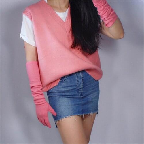 Elegant Female Cashmere Wool Light Pearl Gray Bean Paste Pink Gloves 50cm Long Section Elbow Elastic Models 5-YR02