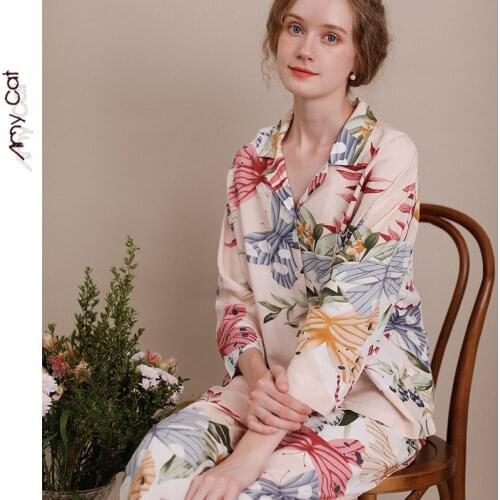 Cotton Silk Butterfly Print Long-sleeved Trousers Plus Size Womens Pajamas Elegant and Noble Lapel Cardigan Viscose Home Wear