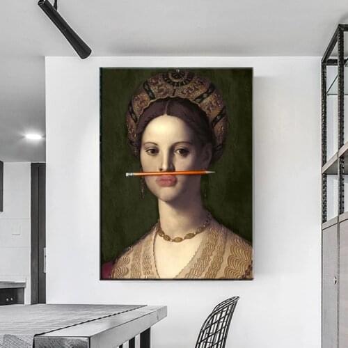 Classical Woman Drawing Pencil on Nose Posters and Prints Canvas Painting Wall Art Picture for Living Room Home Decor Cuadros