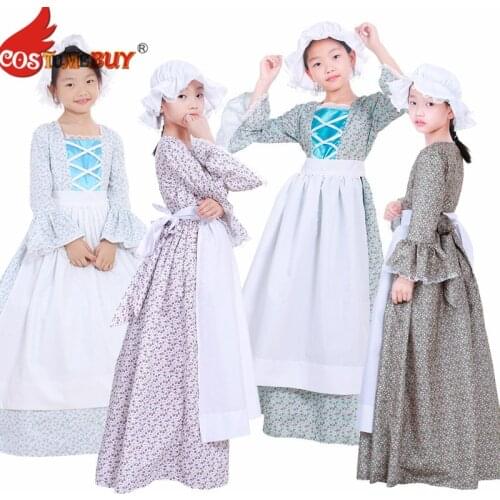 Costumebuy Reenactment Pioneer Prairie Colonial maid Girls Kids Costume Carnival victorian Medieval Cosplay Child Dress With Hat
